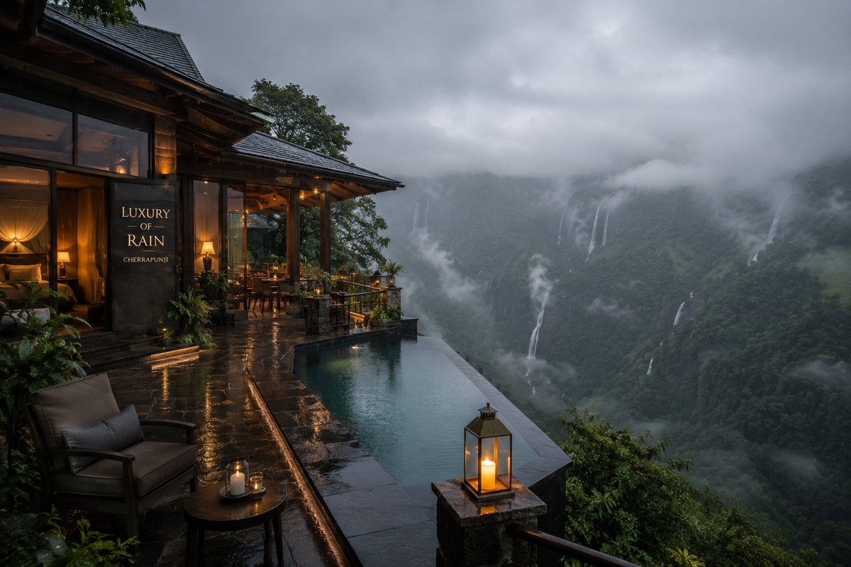 Boutique resort in Cherrapunji overlooking a misty gorge during the monsoon, illustrating the 'Luxury of Rain' concept."