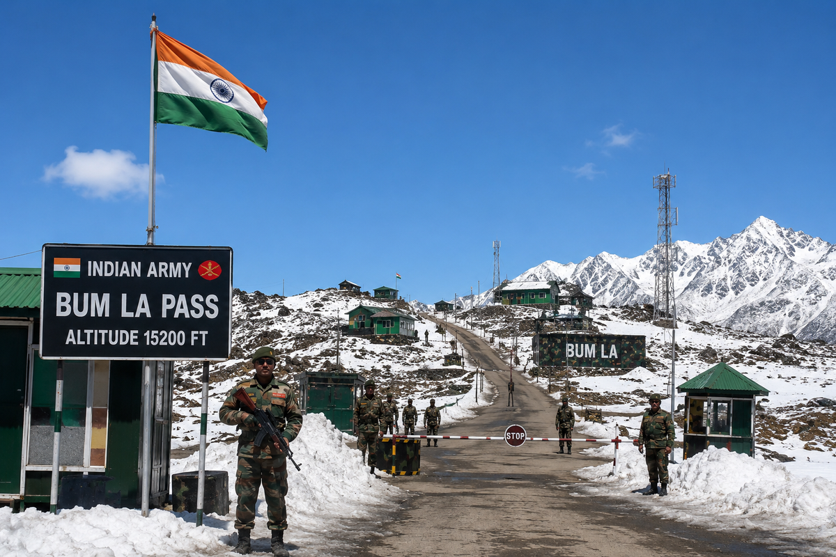 An Indian Army border checkpoint and outposts at Bum La Pass under a clear alpine sky surrounded by vast fields of snow."