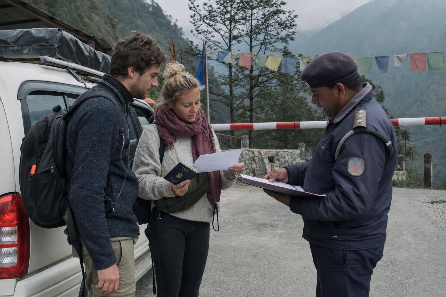 A uniformed officer checking a foreign couple's passport and printed permit at a mountain checkpost