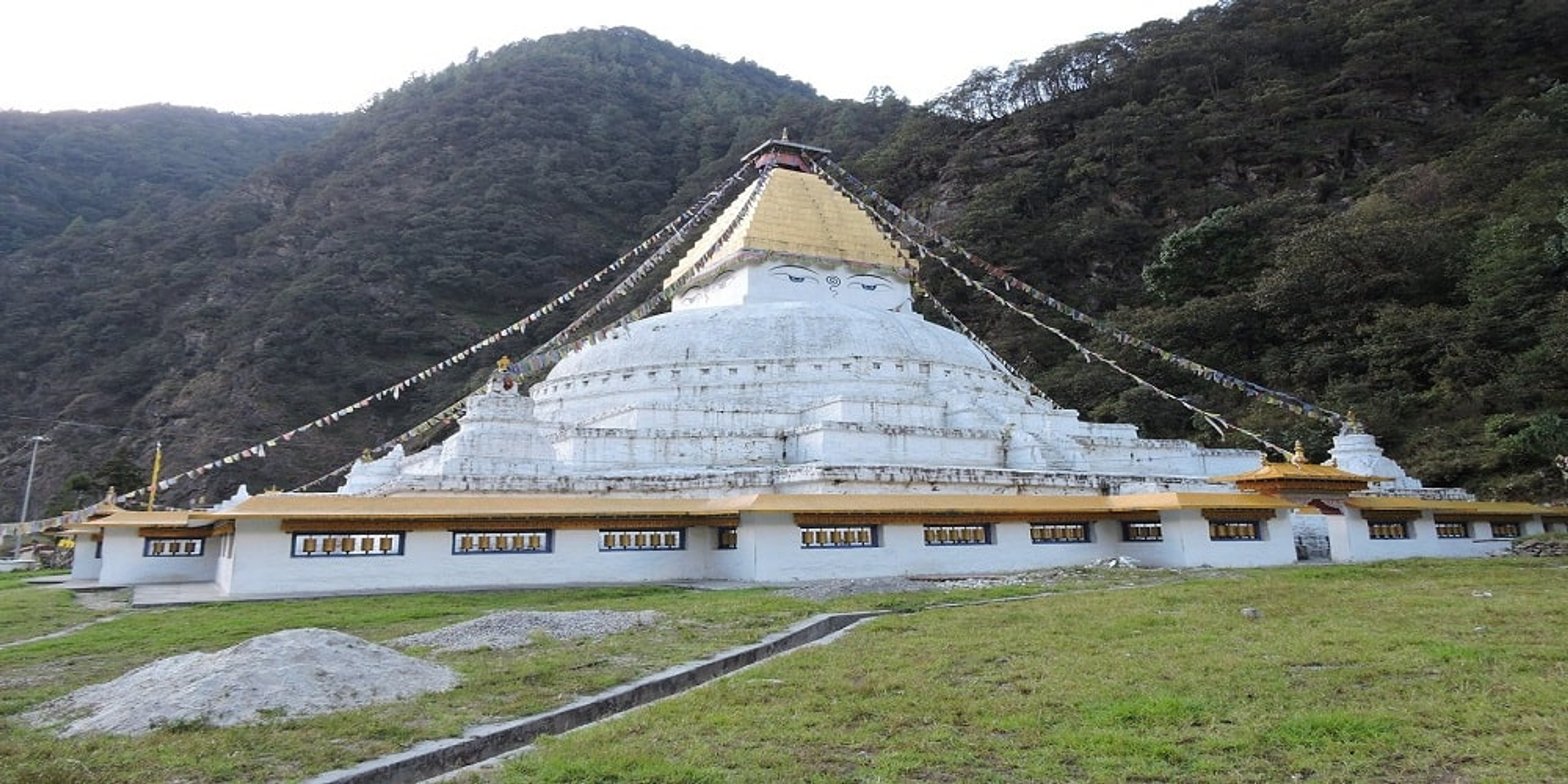 The massive Gorsam Chorten stupa in Zemithang, Tawang, featuring the 'all-seeing' eyes of the Buddha in Nepalese style.
