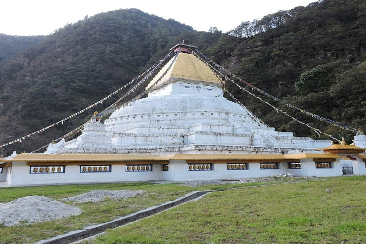 The massive Gorsam Chorten stupa in Zemithang, Tawang, featuring the 'all-seeing' eyes of the Buddha in Nepalese style.