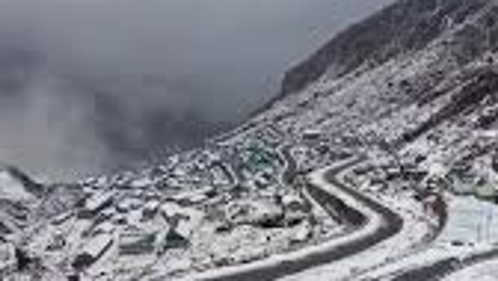 "A wide-angle panoramic view of the winding mountain roads leading to Nathu La Pass in East Sikkim, featuring sharp hairpin turns and snow-dusted peaks under a clear blue sky."