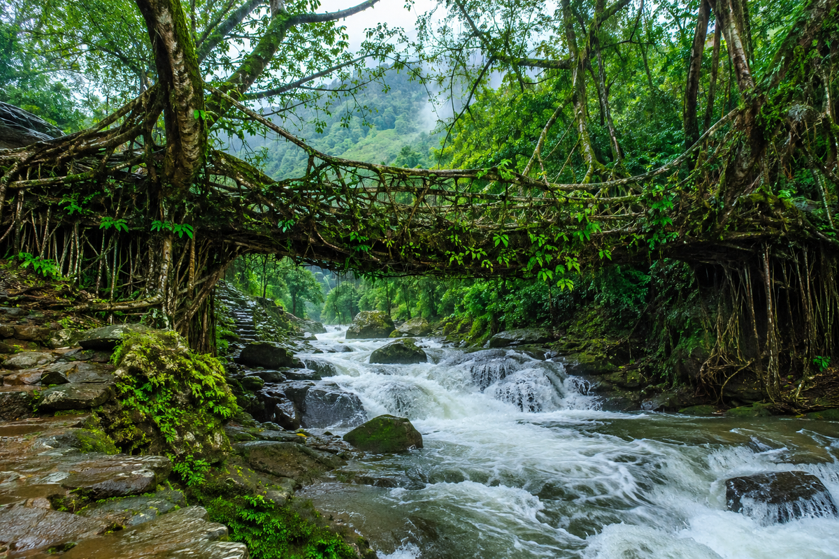 A vibrant green living root bridge in Meghalaya during the monsoon with rushing water below."
