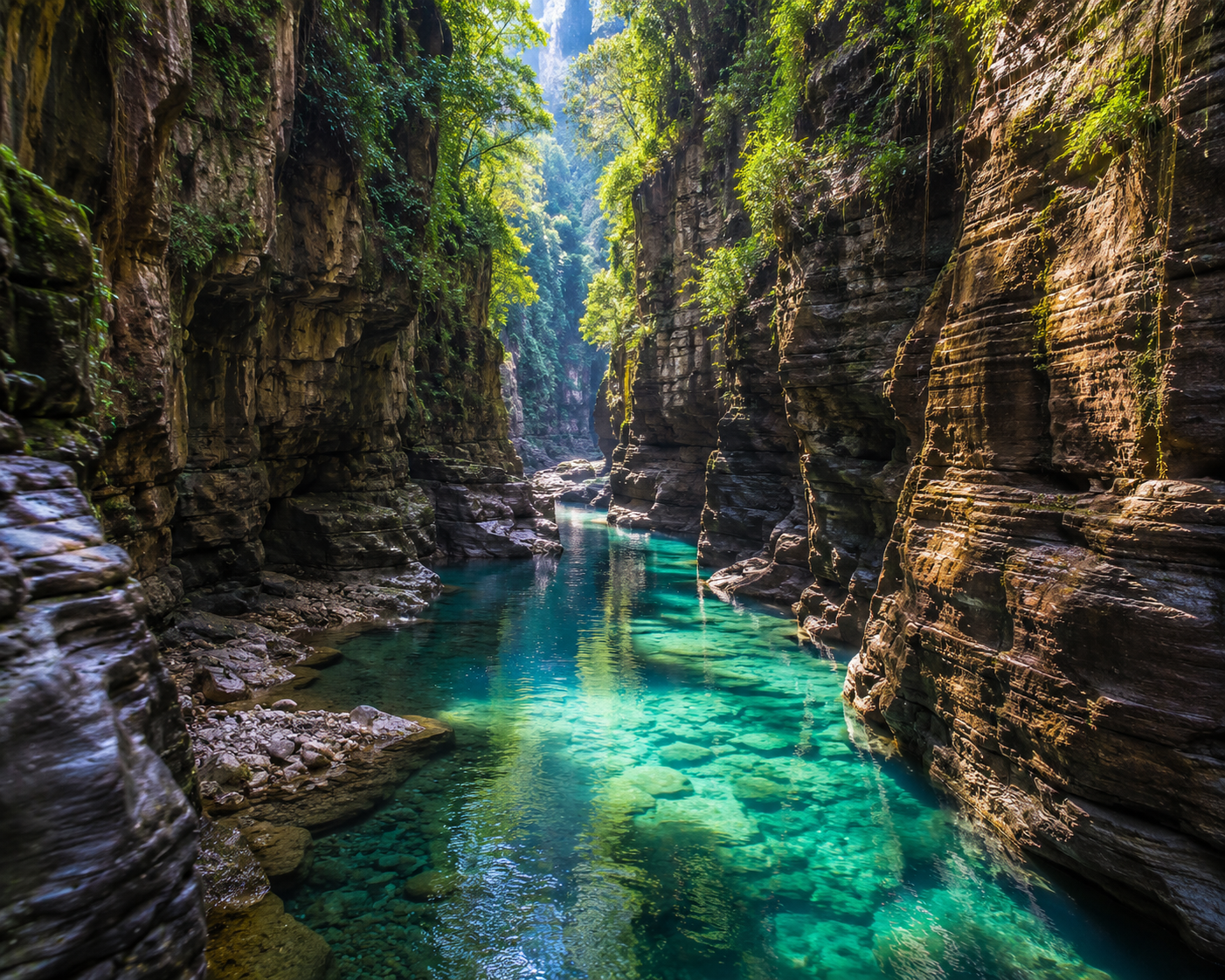 text A beautiful hidden canyon with towering vertical rock cliffs and a clear turquoise river running through it.