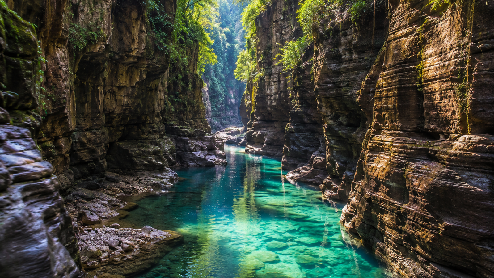 text A beautiful hidden canyon with towering vertical rock cliffs and a clear turquoise river running through it.