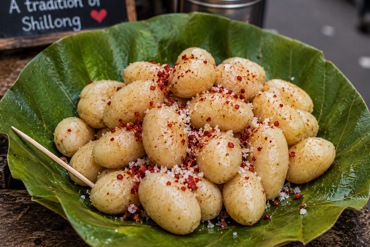 "Small white Sohphlang tubers served on a leaf with salt and red chili flakes, a traditional Shillong snack."