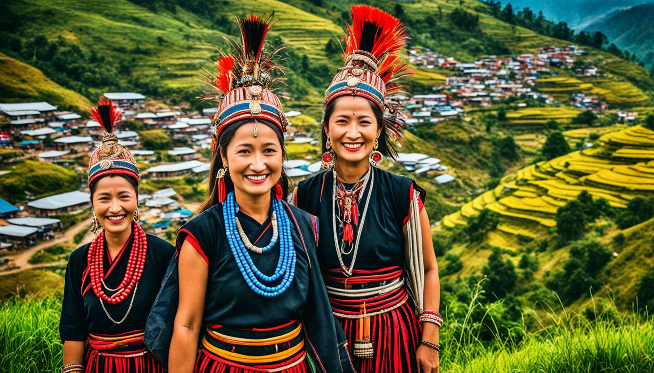 Naga warriors in colorful traditional tribal attire and headdresses at Hornbill Festival in Kohima, Nagaland