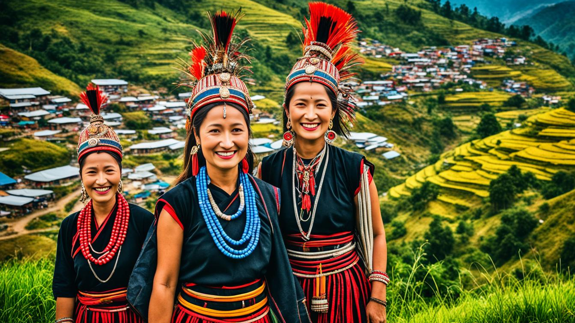 Naga warriors in colorful traditional tribal attire and headdresses at Hornbill Festival in Kohima, Nagaland
