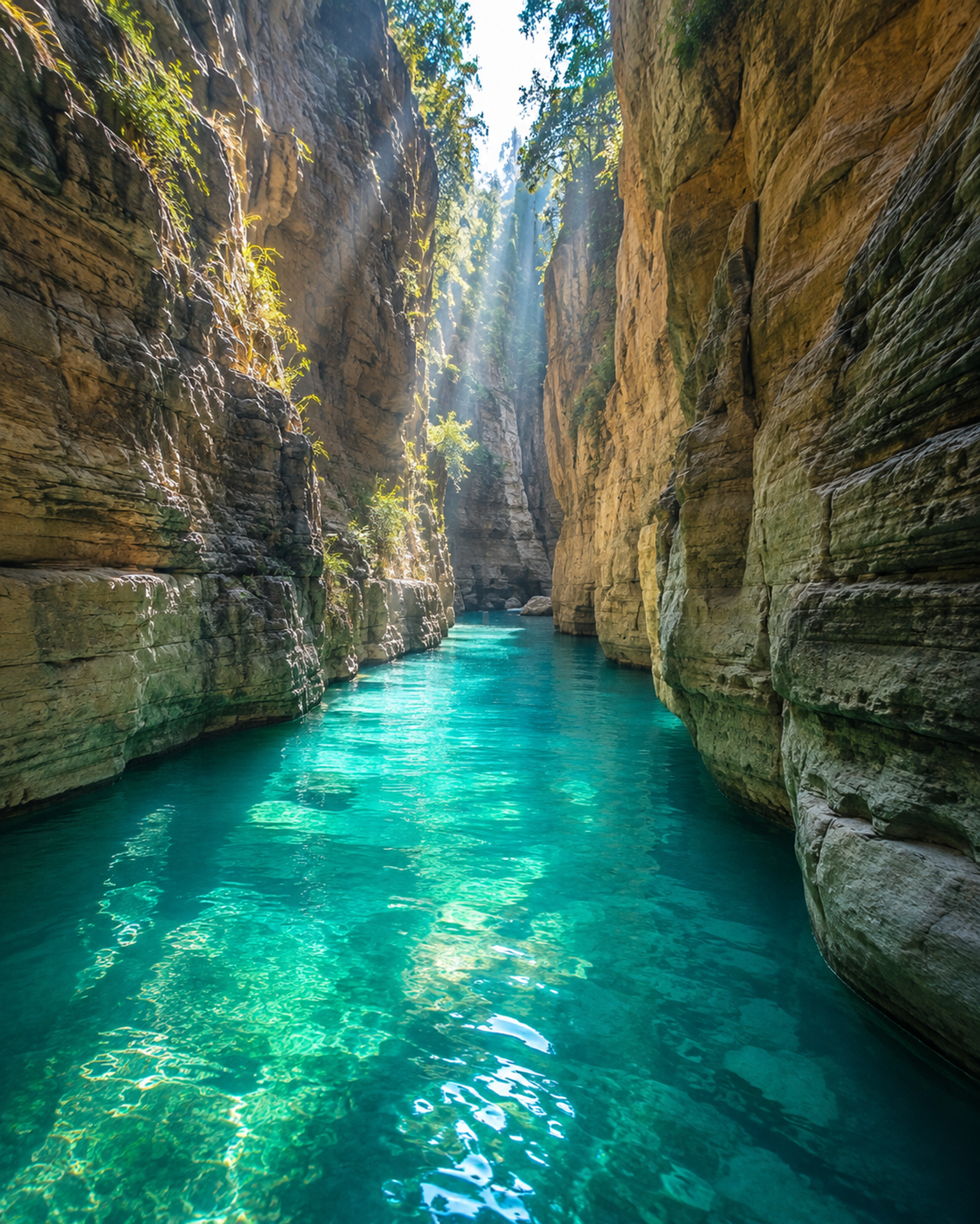 Midday sunbeams illuminating the deep turquoise water inside the narrow limestone walls of Wari Chora canyon.