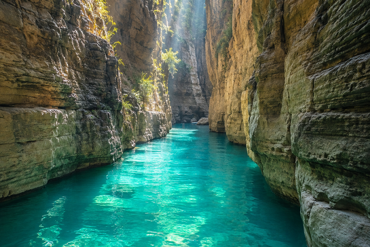 Midday sunbeams illuminating the deep turquoise water inside the narrow limestone walls of Wari Chora canyon.