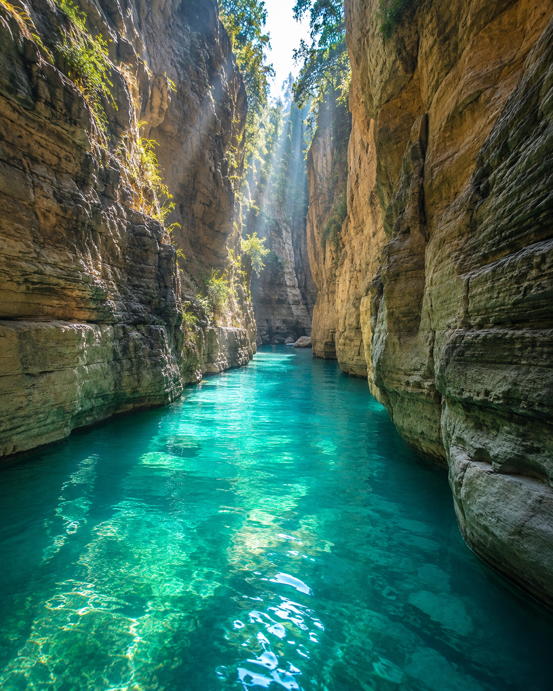 Midday sunbeams illuminating the deep turquoise water inside the narrow limestone walls of Wari Chora canyon.