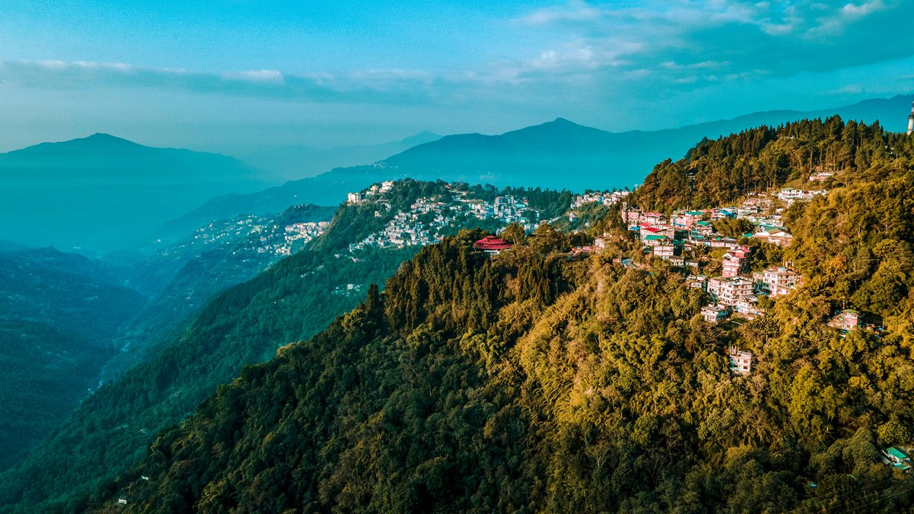 Aerial view of gongtok city on green himalayan hills.