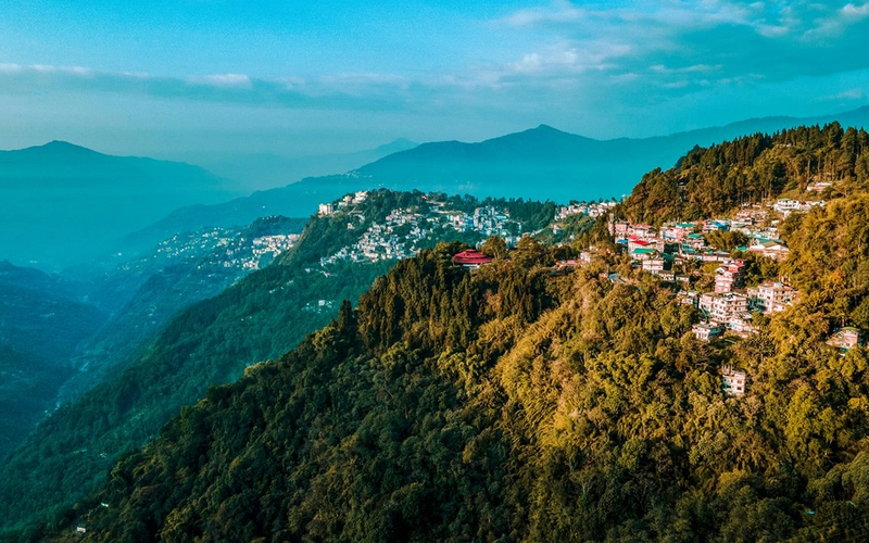 Aerial view of gongtok city on green himalayan hills.