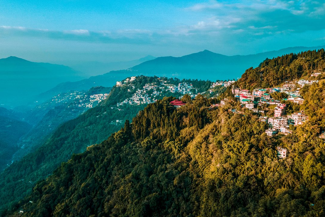 Aerial view of gongtok city on green himalayan hills.