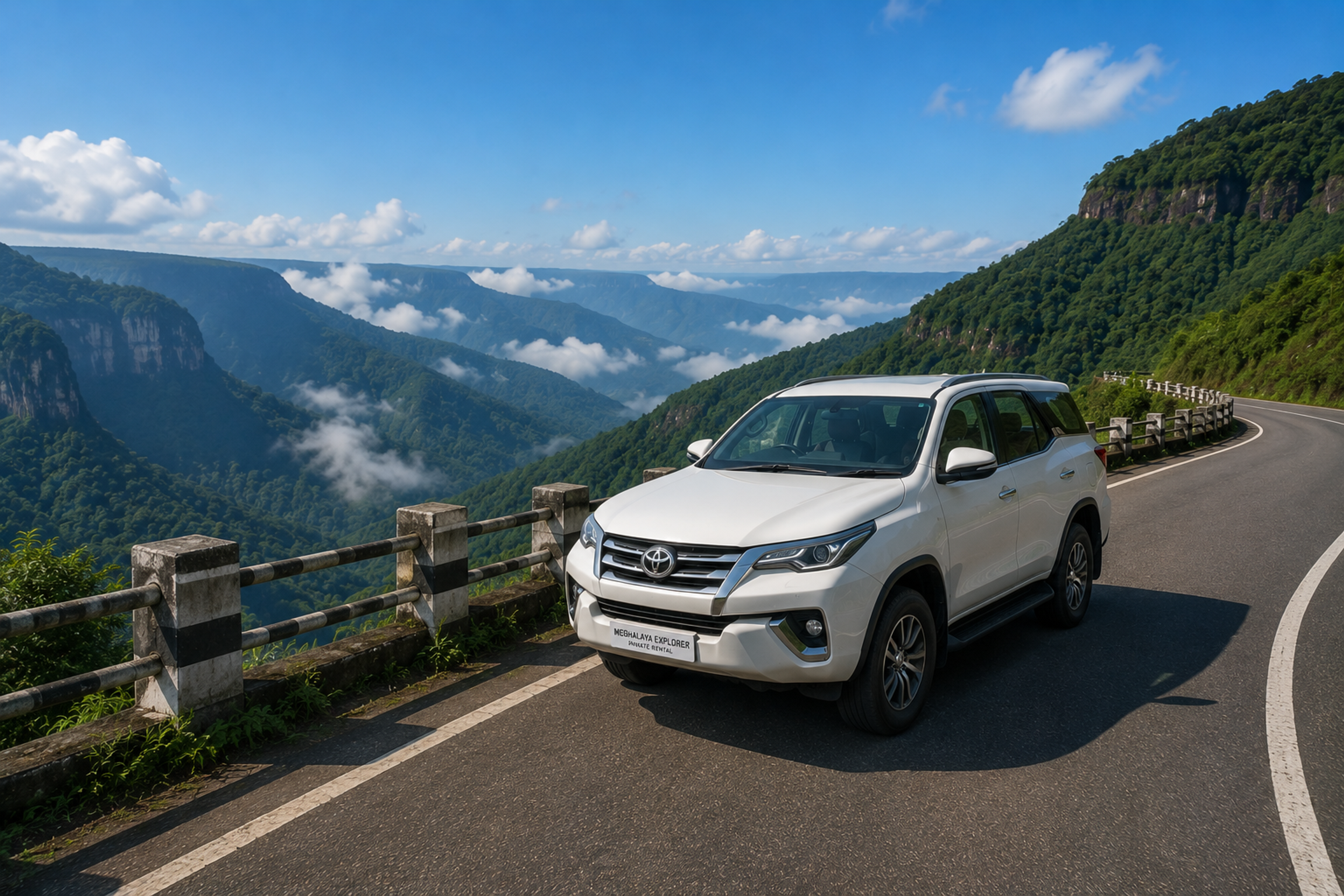 A clean private rental SUV parked along a scenic mountain curve viewpoint on the road between Cherrapunji and Dawki