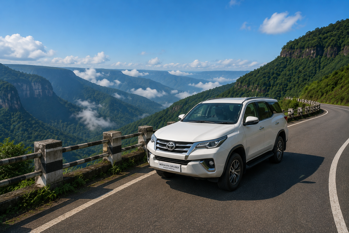 A clean private rental SUV parked along a scenic mountain curve viewpoint on the road between Cherrapunji and Dawki