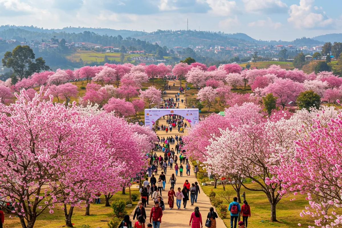 Cherry blossom trees in full pink bloom at Polo Ground during Shillong Cherry Blossom Festival, Meghalaya India