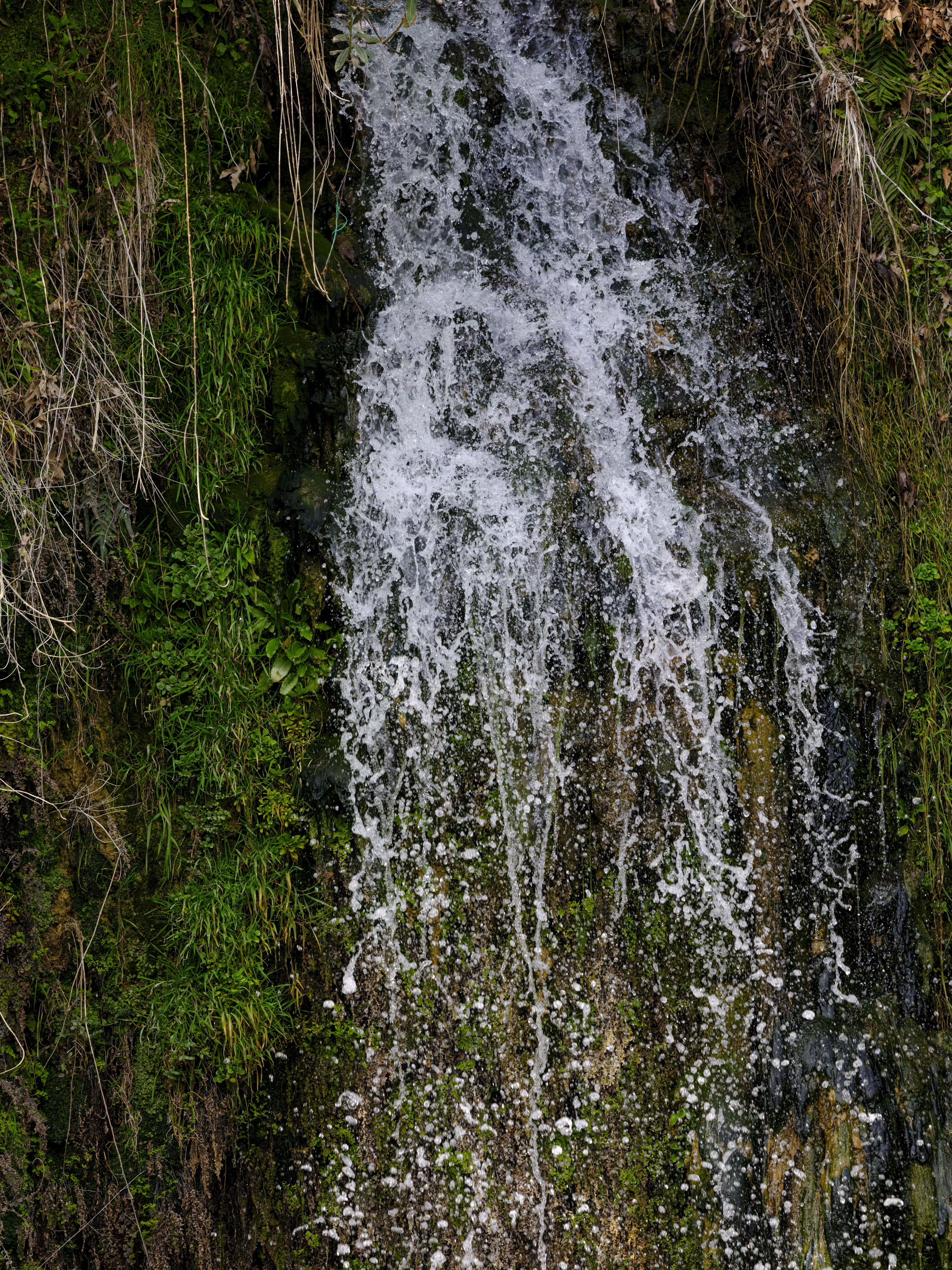 A small waterfall cascading down a tall green mossy cliff into a narrow river channel.