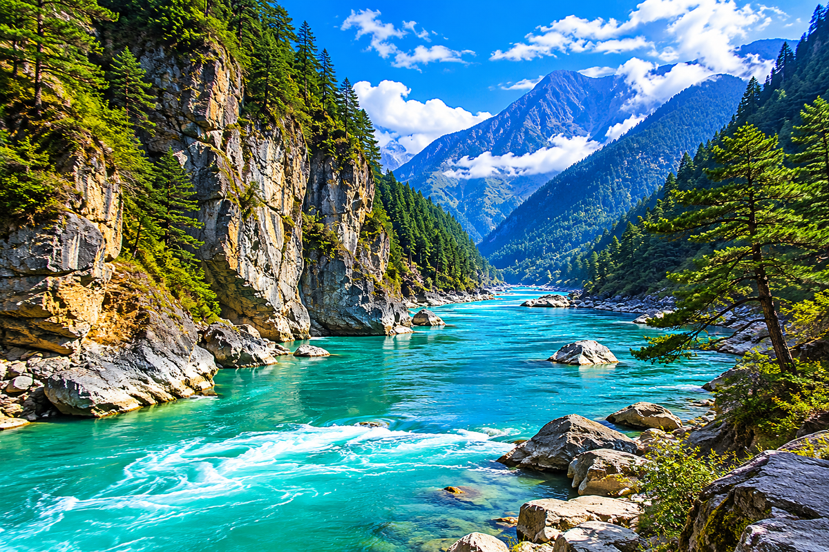 The deep turquoise waters of the Lohit River cutting through a massive rocky mountain gorge lined with dark green pine forests in eastern Arunachal Pradesh.
