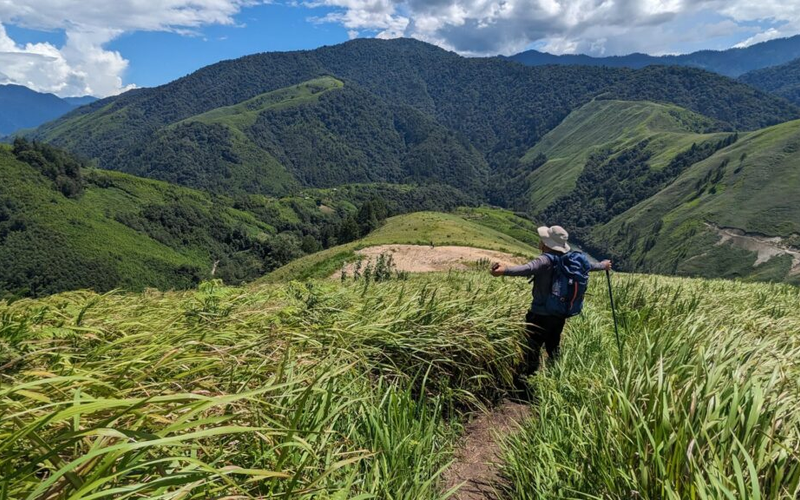 A person hiking through a lush green valley  in Arunachal Pradesh under a bright sky.