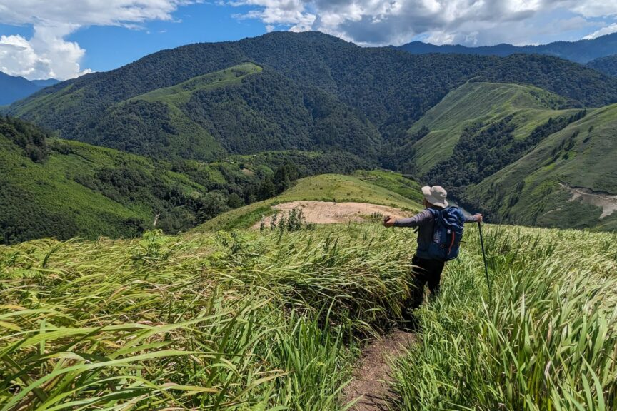 A person hiking through a lush green valley in Arunachal Pradesh under a bright sky.