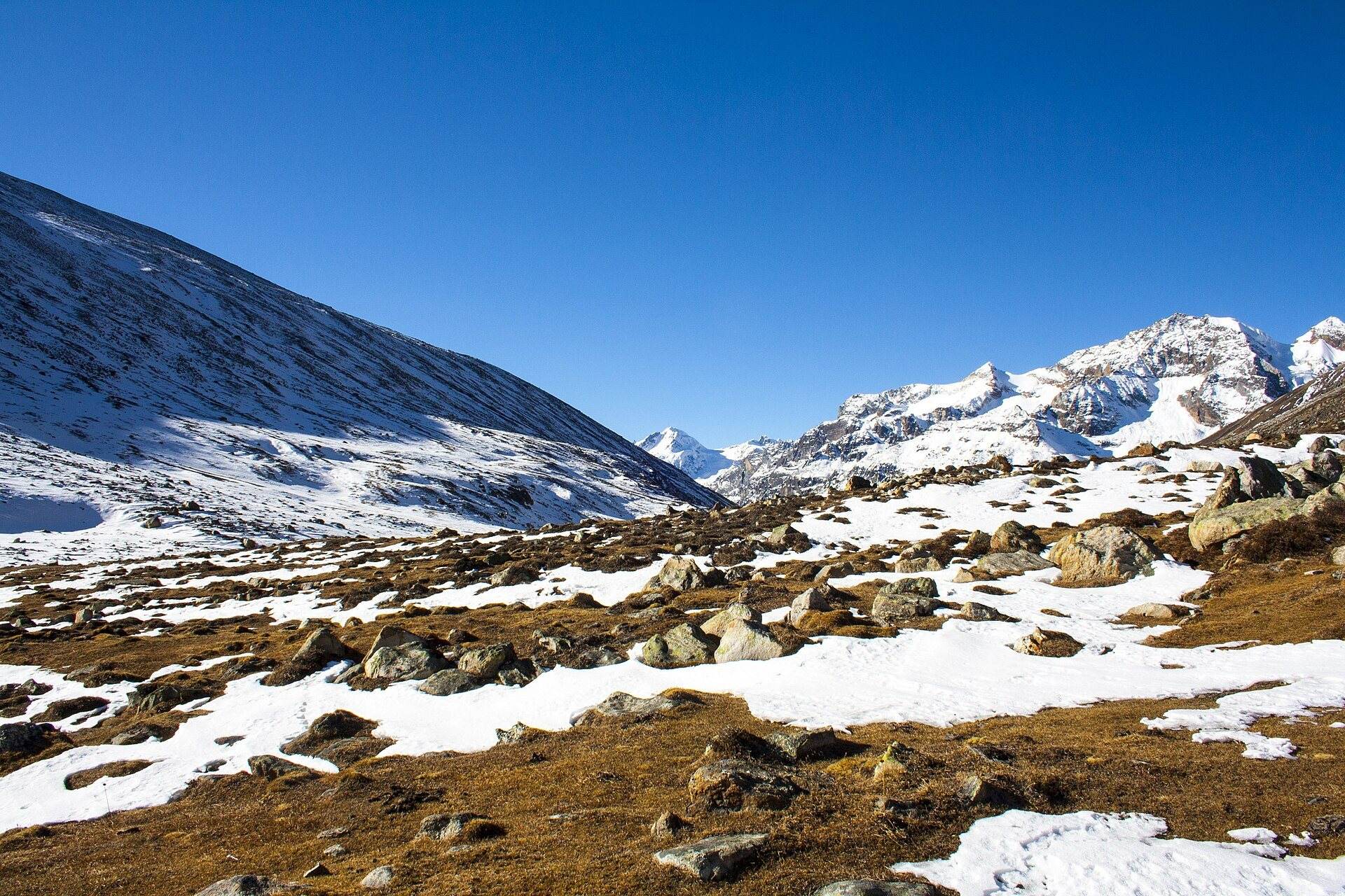 Snowfields and Himalayan peaks at Zero Point above Yumthang, North Sikkim