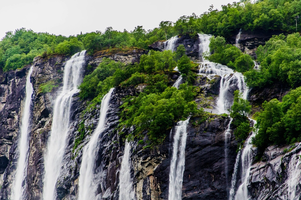 Seven Sisters Waterfall in Cherrapunji Meghalaya, also known as Nohsngithiang Falls, showing seven parallel streams plunging 315 meters from a limestone cliff.