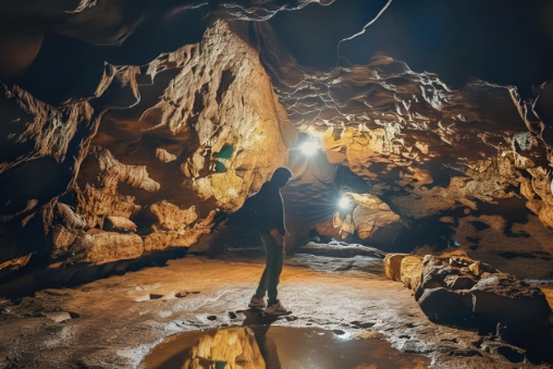 Prehistoric marine fossils embedded in the natural limestone walls inside Arwah Cave, Cherrapunji.