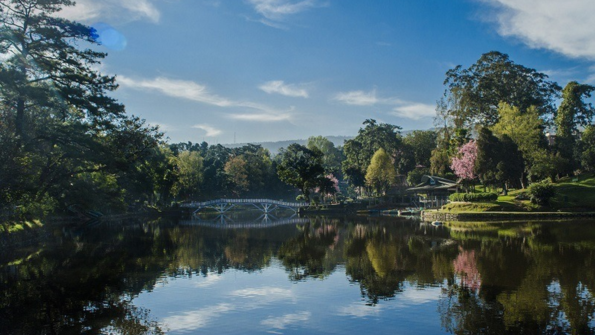 Ward's Lake Shillong — arched footbridge over calm waters with manicured gardens and misty Meghalaya hills in the background