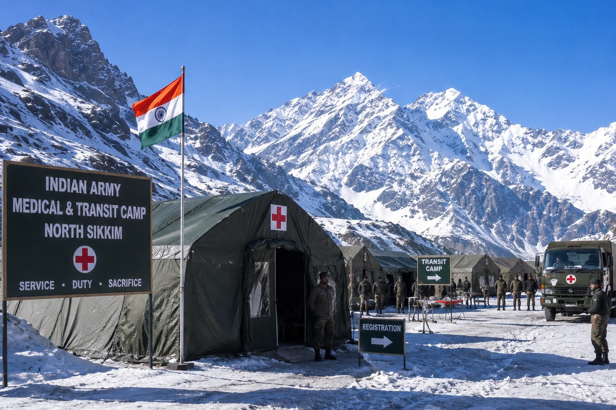 "An Indian Army medical and transit camp in the snowy mountains of North Sikkim under a bright blue sky."