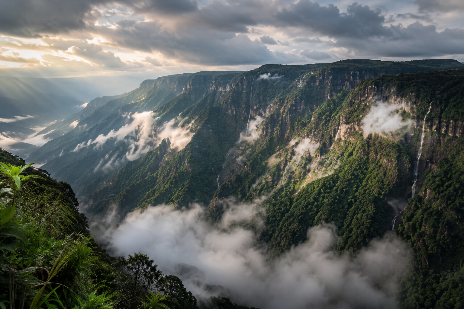 A cinematic panoramic view of a deep mountain gorge in Cherrapunji, Meghalaya, with dramatic mists and clouds parting over emerald-green cliffs."