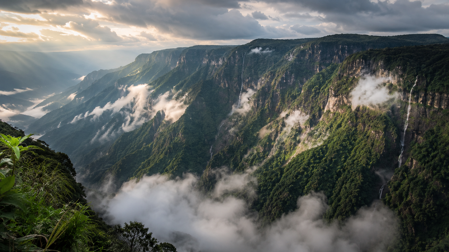 A cinematic panoramic view of a deep mountain gorge in Cherrapunji, Meghalaya, with dramatic mists and clouds parting over emerald-green cliffs."