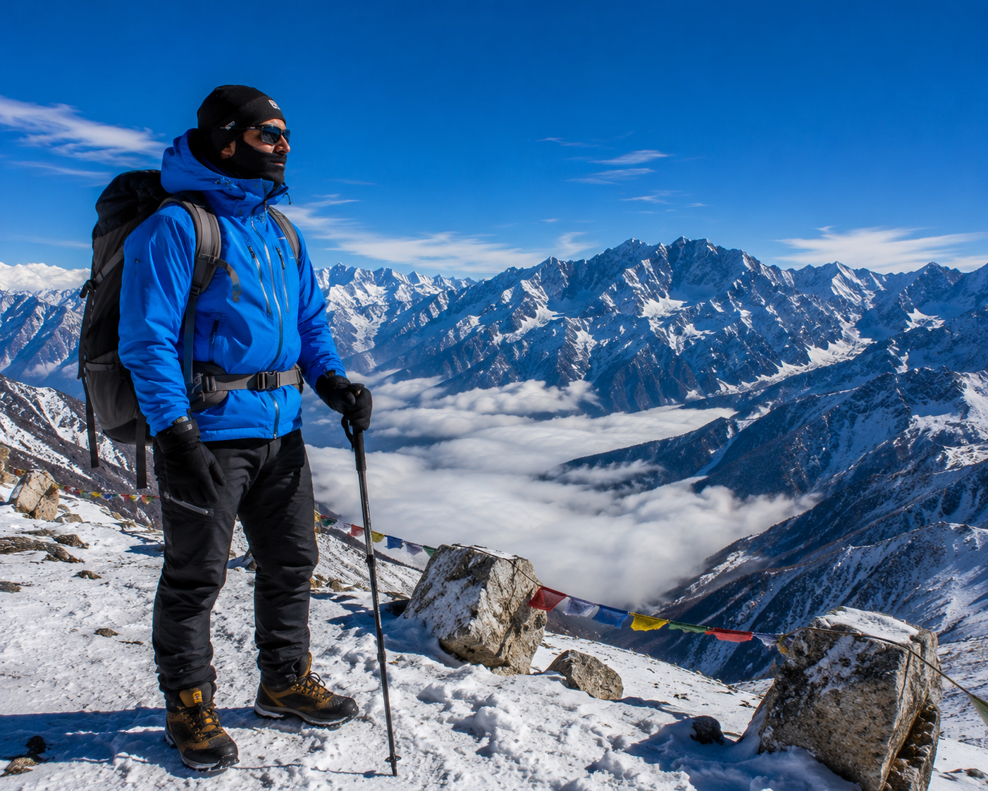 A traveler fully equipped in high-altitude technical winter wear standing safely beside a snowy ridge overlook at Sela Pass."