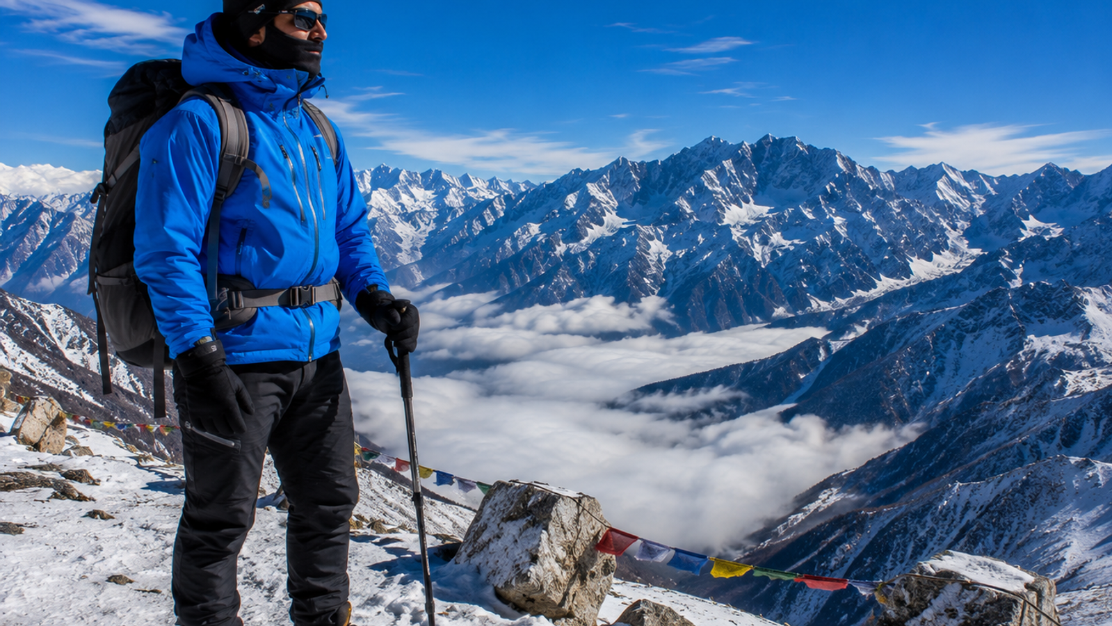 A traveler fully equipped in high-altitude technical winter wear standing safely beside a snowy ridge overlook at Sela Pass."