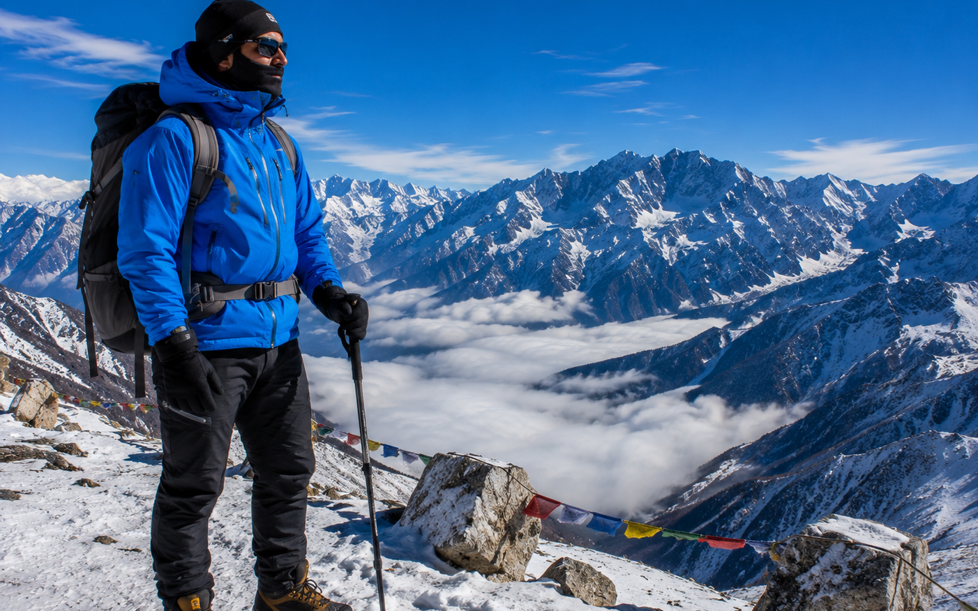 A traveler fully equipped in high-altitude technical winter wear standing safely beside a snowy ridge overlook at Sela Pass."