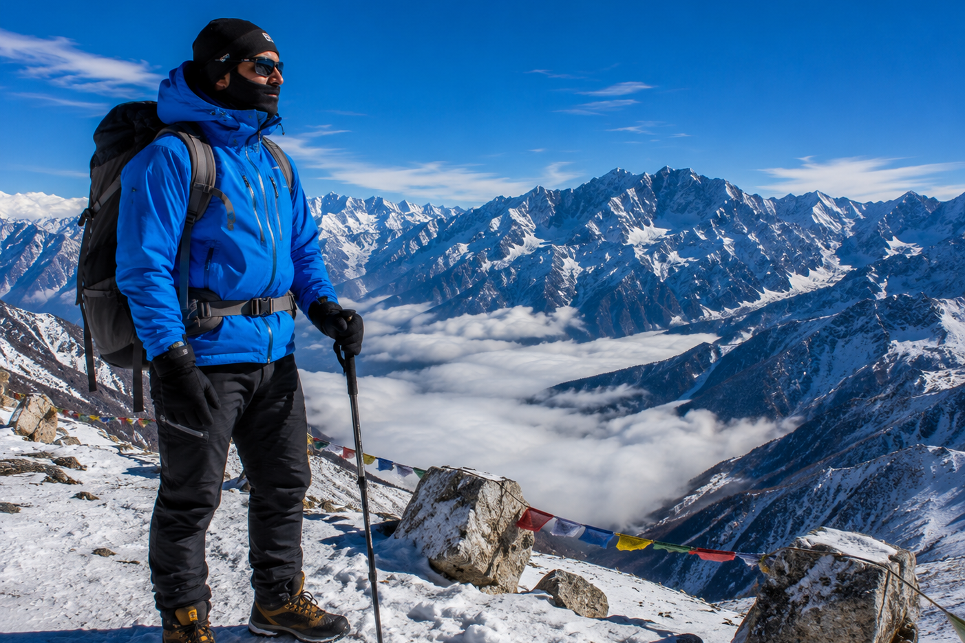 A traveler fully equipped in high-altitude technical winter wear standing safely beside a snowy ridge overlook at Sela Pass."