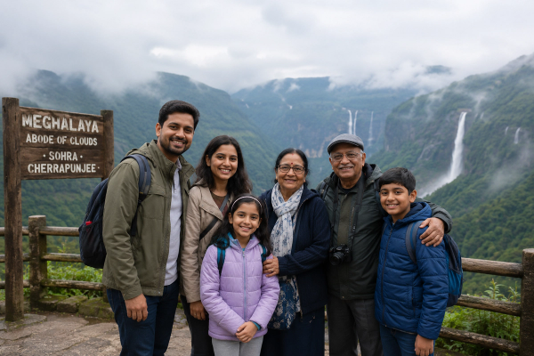 "A multi-generational family standing together at a misty mountain viewpoint in Meghalaya, illustrating family-friendly travel in Northeast India."