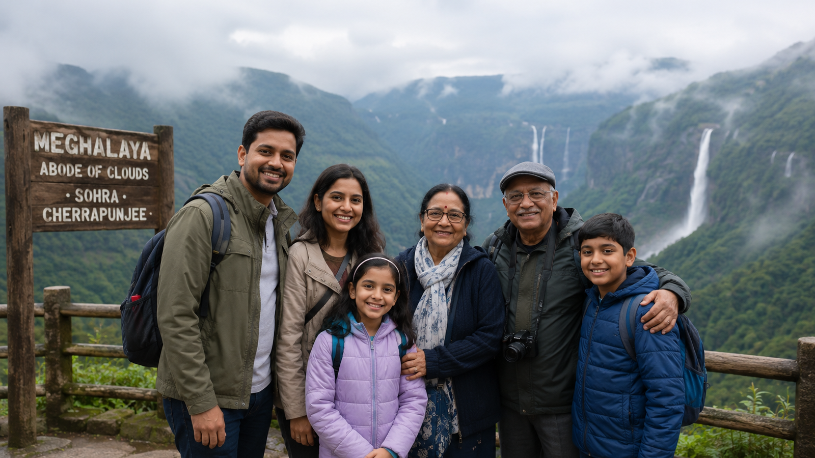 "A multi-generational family standing together at a misty mountain viewpoint in Meghalaya, illustrating family-friendly travel in Northeast India."