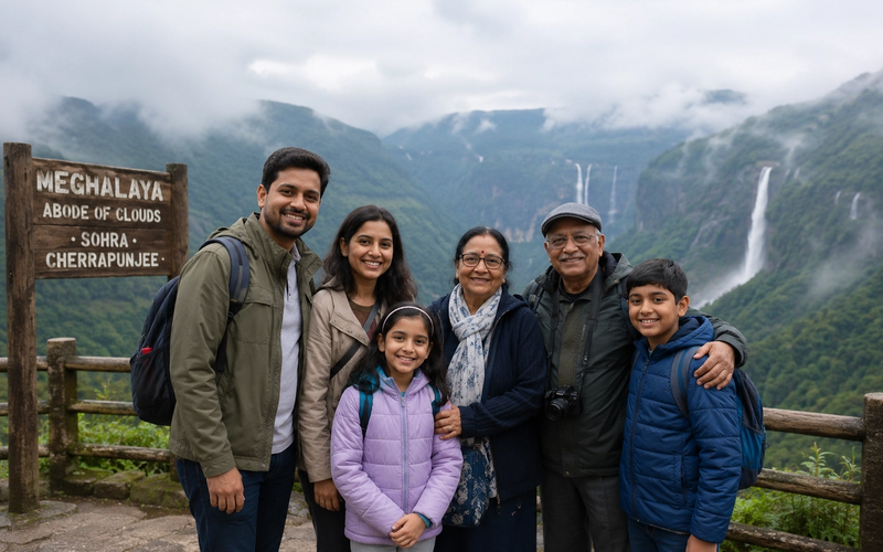 "A multi-generational family standing together at a misty mountain viewpoint in Meghalaya, illustrating family-friendly travel in Northeast India."