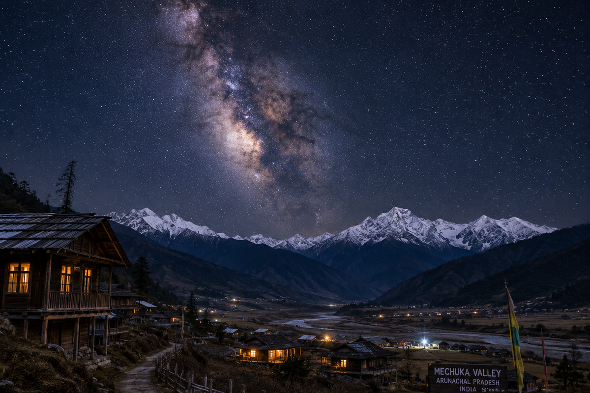 The Milky Way galaxy visible over Mechuka Valley, Arunachal Pradesh, with traditional wooden homes and snow-capped Himalayan peaks under a dark, starry sky.