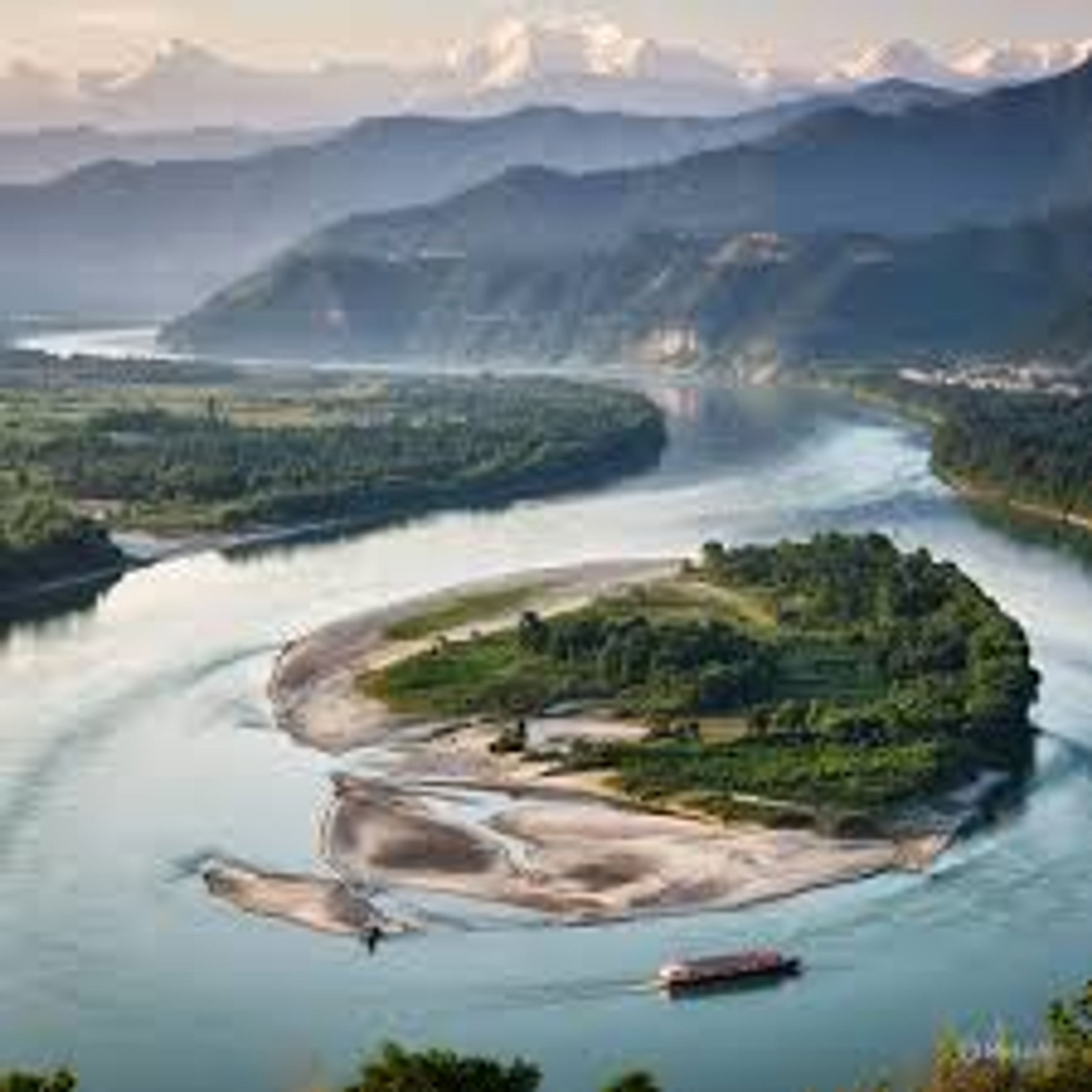 An aerial view of the Siang River confluence in Pasighat, Arunachal Pradesh, during a clear summer day.