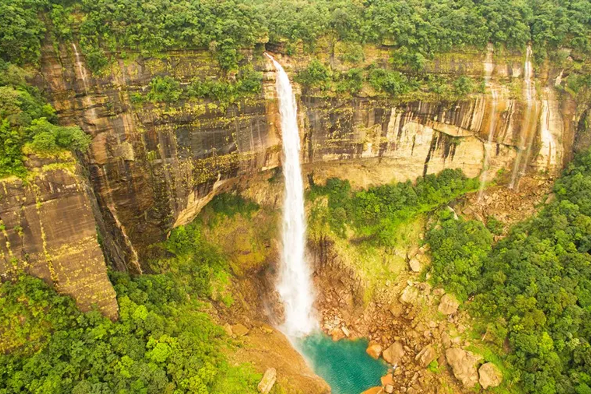 Nohkalikai Falls tallest plunge waterfall in India with turquoise lagoon - Cherrapunji sightseeing itinerary 2026