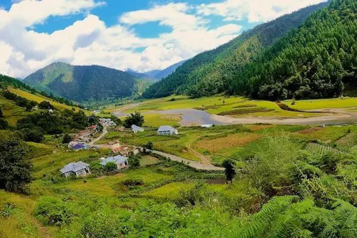 Scenic Sangti Valley landscape featuring the sheep breeding farm near Dirang.