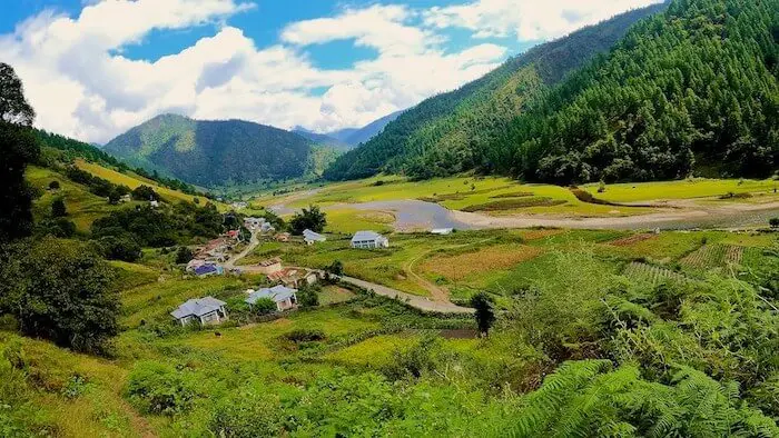 Scenic Sangti Valley landscape featuring the sheep breeding farm near Dirang.