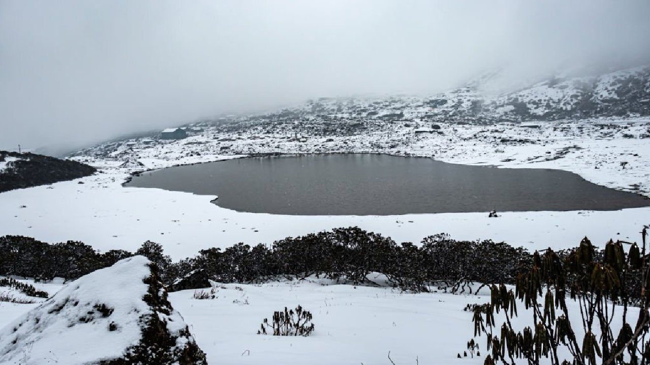 Completely frozen surface of Sangetsar Lake with dead trees and snow-capped peaks in February.