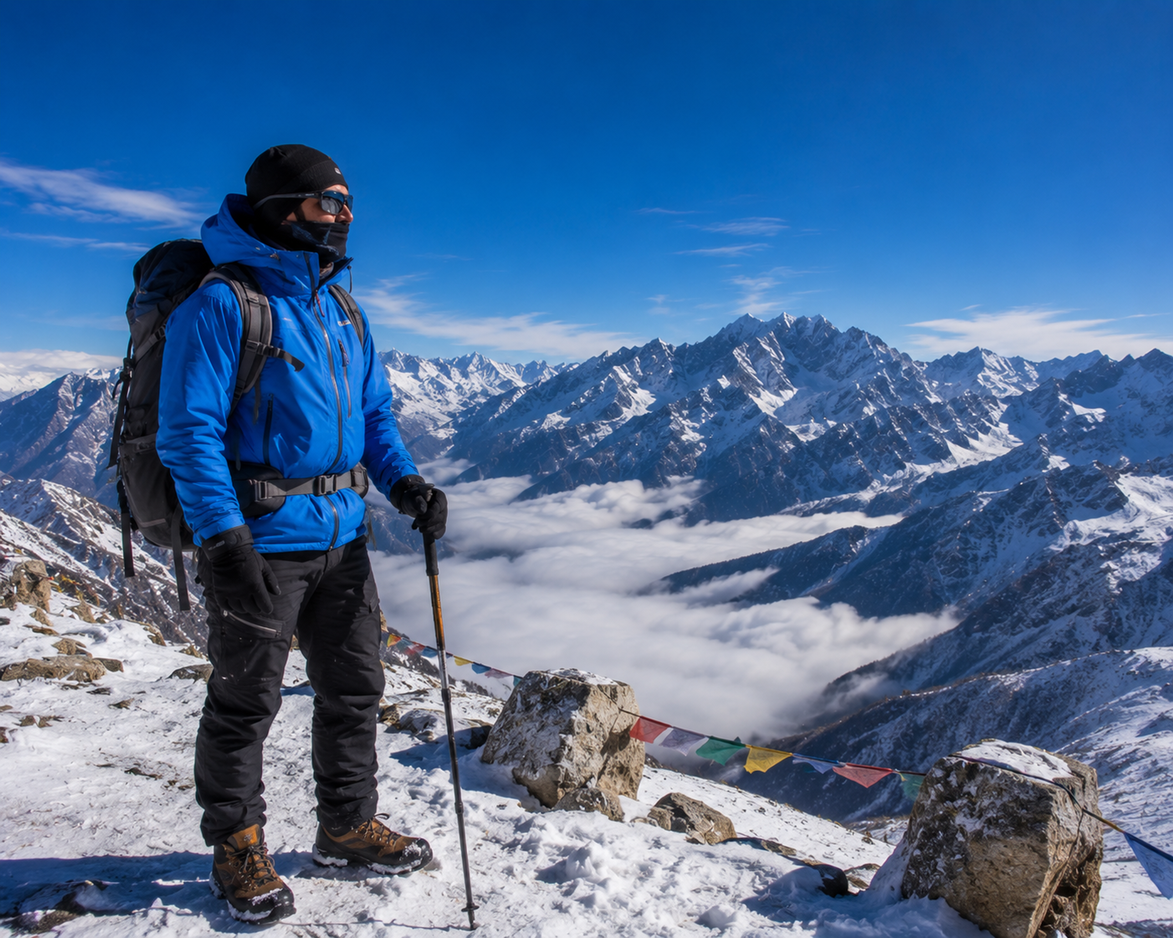 A traveler fully equipped in high-altitude technical winter wear standing safely beside a snowy ridge overlook.