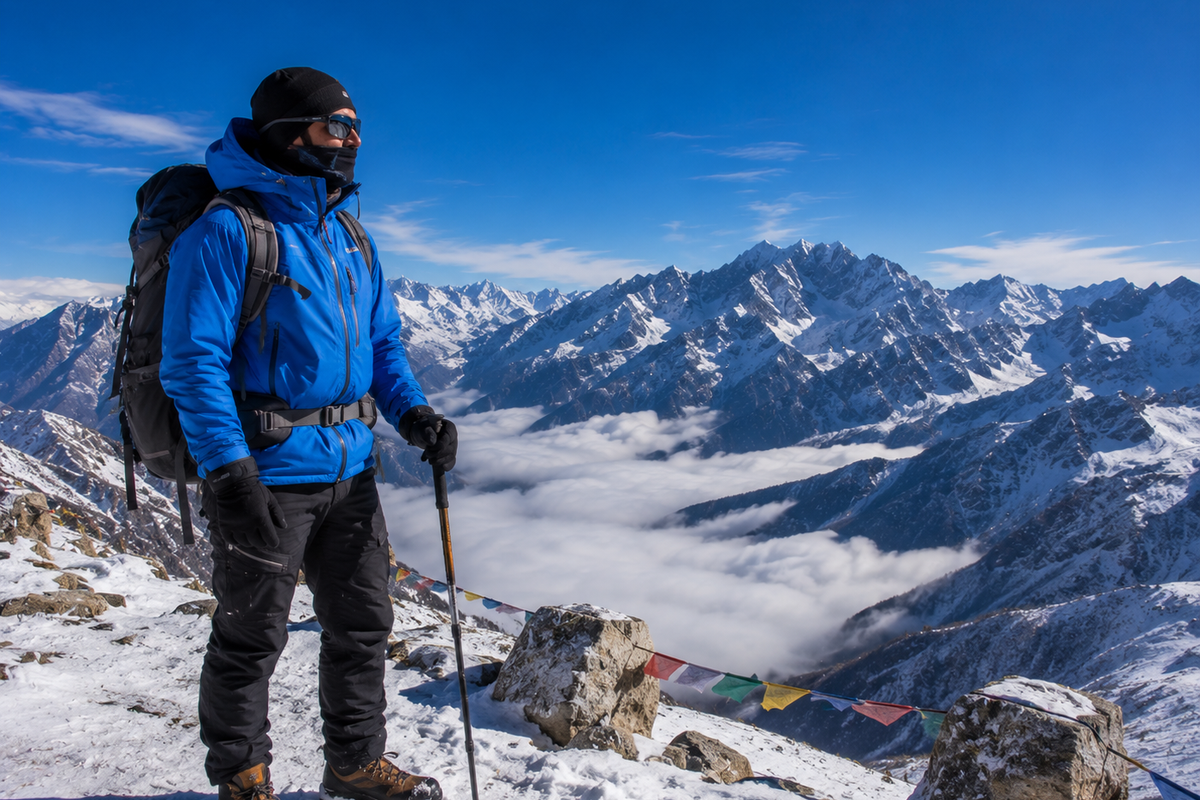 A traveler fully equipped in high-altitude technical winter wear standing safely beside a snowy ridge overlook.