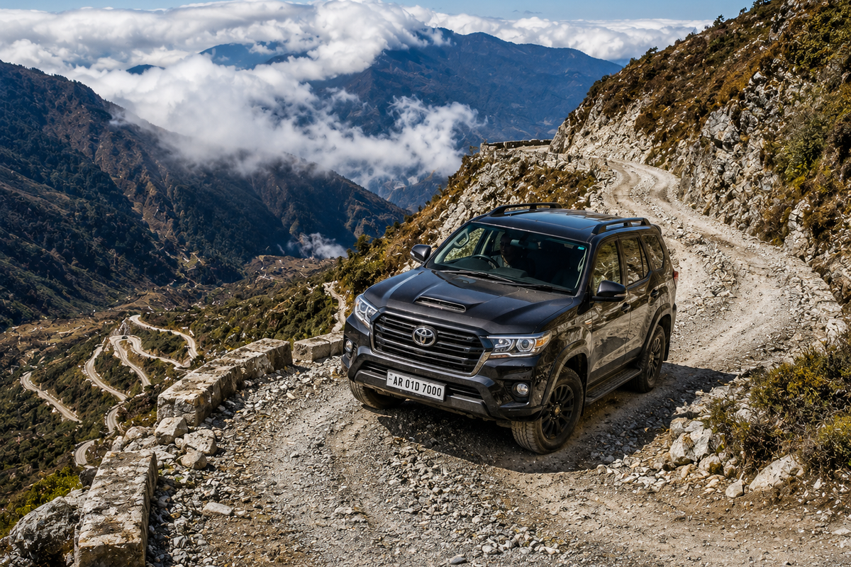 A premium 4x4 off-road SUV vehicle driving carefully up a sharp, gravel mountain switchback bend."