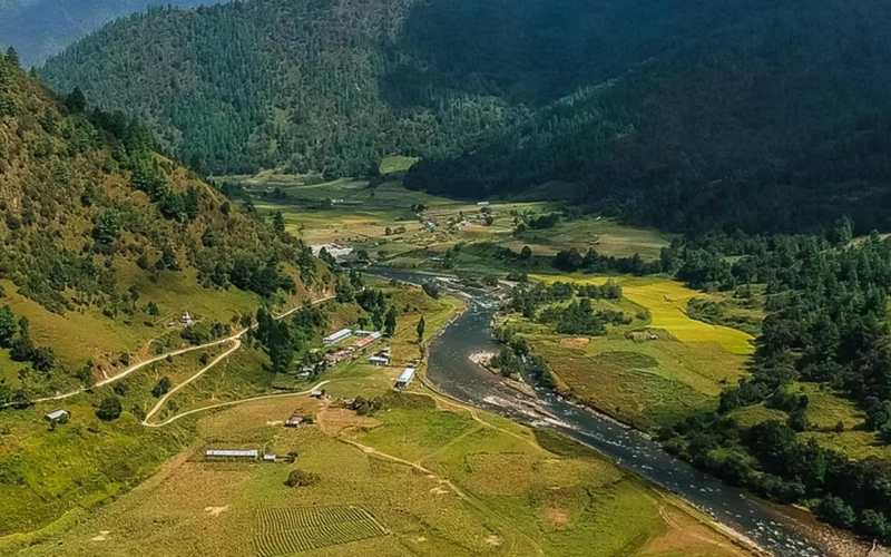 Lush green mountain valley and river in Arunachal Pradesh