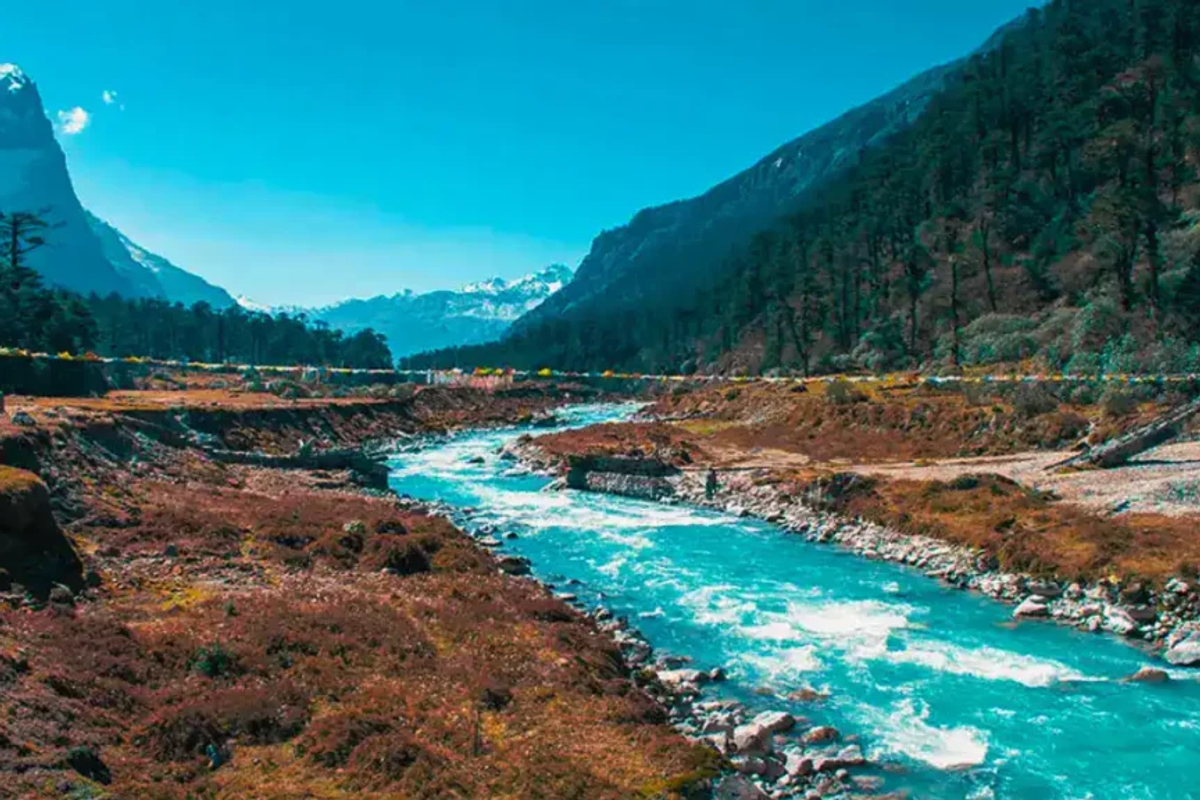 Glacial river Lachung Chu flowing through the scenic Lachung village in North Sikkim.